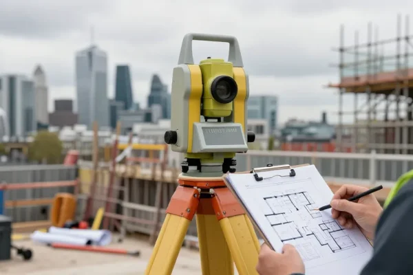 Measured building surveys uk with professional surveyor using equipment at construction site.