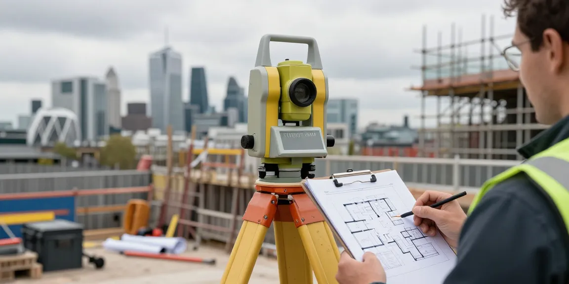 Measured building surveys uk with professional surveyor using equipment at construction site.