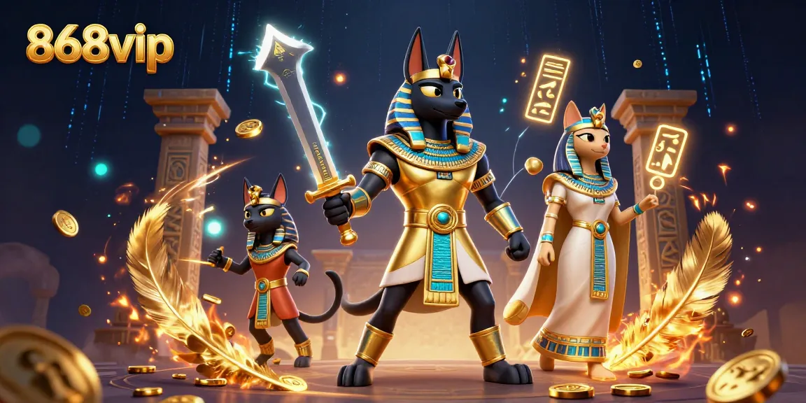 Experience thrilling betting action with 868vip in a vibrant casino scene featuring Anubis and Bastet.