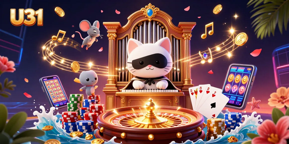 Engage in thrilling casino games with U31's 3D characters amidst cascading coins and vibrant elements.