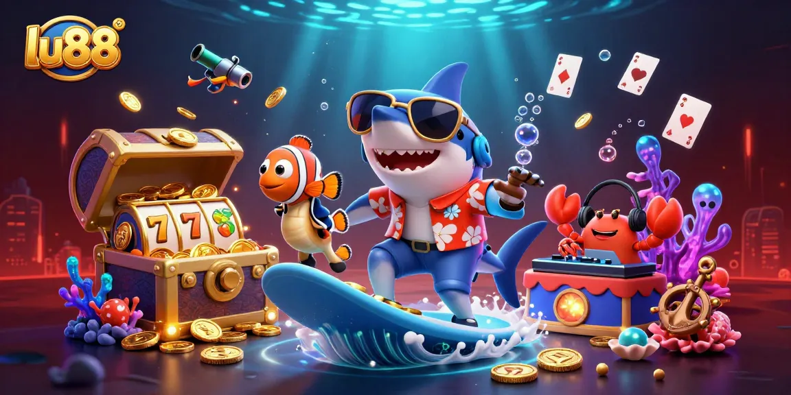Experience the thrill of lu88 with a vibrant 3D casino scene featuring playful ocean characters and slot reels.