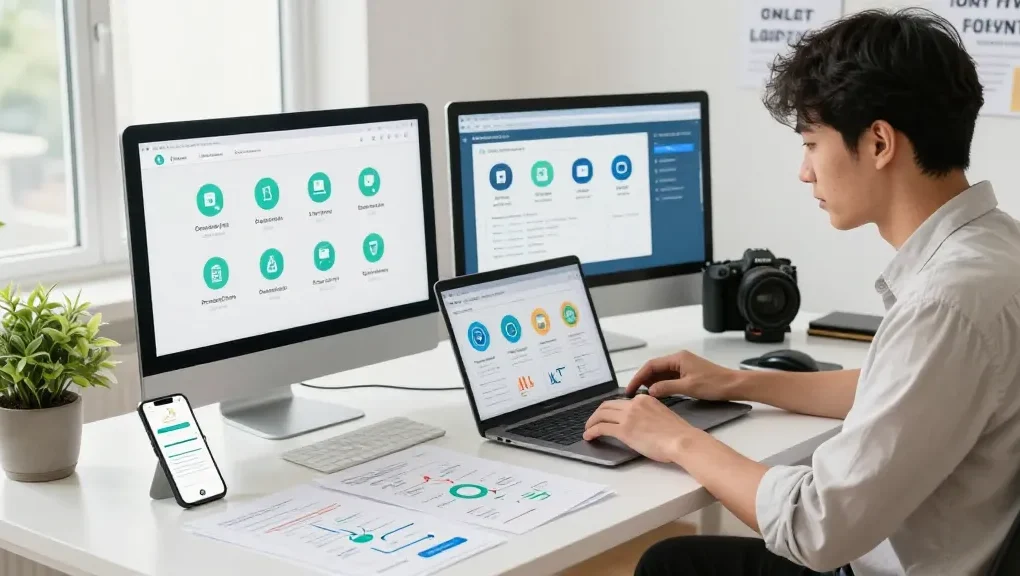 Entrepreneur analyzing metrics on a laptop with online payment gateway icons displayed, capturing the essence of digital finance.
