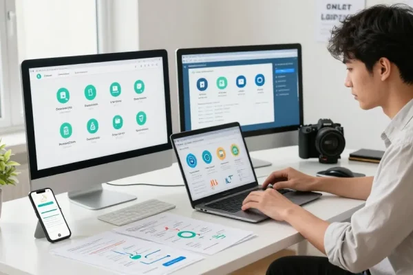 Entrepreneur analyzing metrics on a laptop with online payment gateway icons displayed, capturing the essence of digital finance.