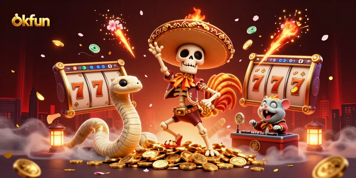 Win big at okfun with a festive scene featuring a dancing skeleton, mummy snake, and DJ hamster.