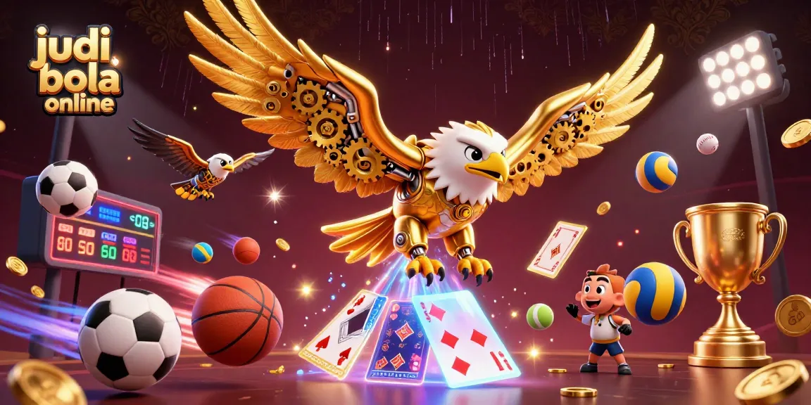 Engage in judi bola online excitement with a dynamic 3D illustration of a golden eagle and sports balls.